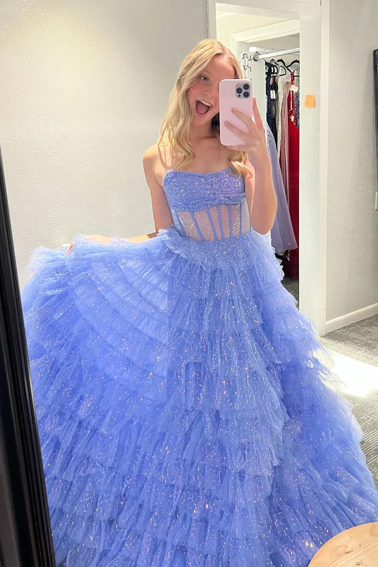 Cute Blue Sparkly Sweetheart Tulle Layers Ball Gown Long Prom Dress,DP1392