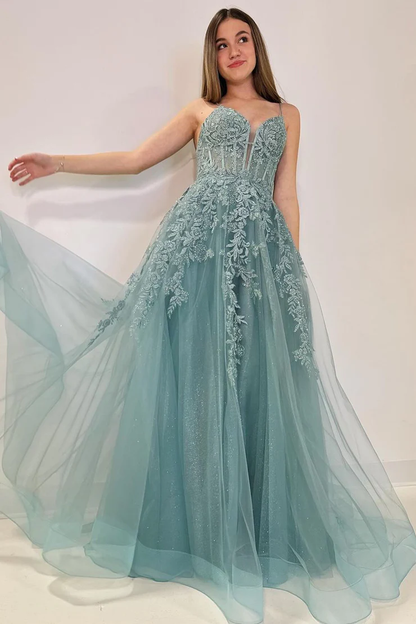 Spaghetti Straps A-Line Tulle Appliques Long Prom Dress,DP1394