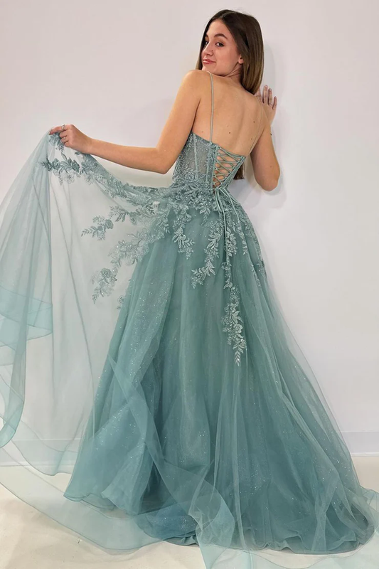 Spaghetti Straps A-Line Tulle Appliques Long Prom Dress,DP1394