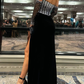 Sexy Black Strapless Beading Long Prom Dress with High Slit,DP1395