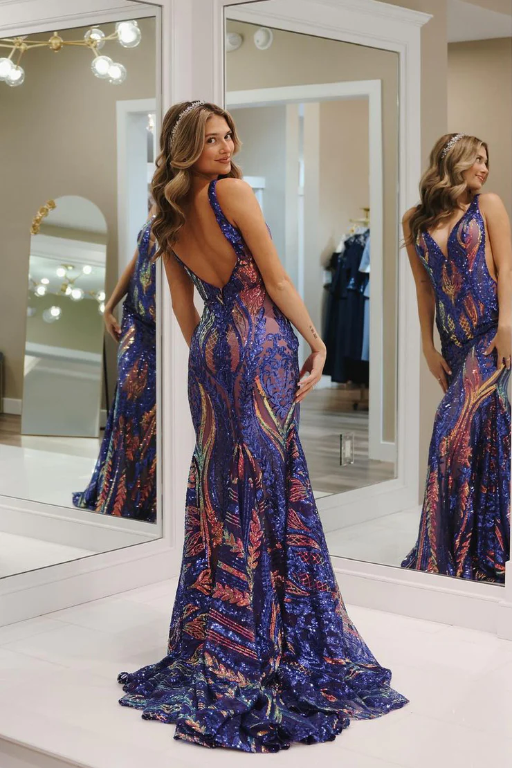 Purple V Neck Backless Sequined Mermaid Long Prom Dress,DP1396