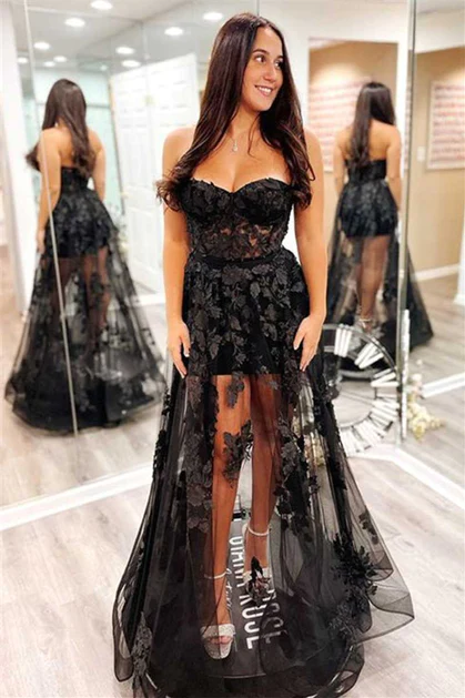 Black A-Line Lace and Tulle Long Prom Dress Homecoming Dress,DP1397