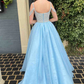 Blue Spaghetti Straps A-Line Beaded Long Prom Dress,DP1399