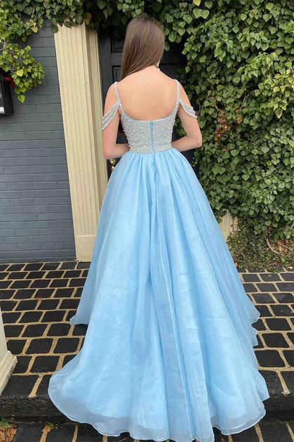 Blue Spaghetti Straps A-Line Beaded Long Prom Dress,DP1399