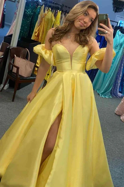 Yellow Sweetheart A-Line Satin Long Prom Dress with Slit,DP1400