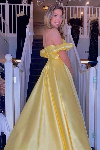 Yellow Sweetheart A-Line Satin Long Prom Dress with Slit,DP1400