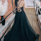 Black V Neck Lace Tulle Long Prom Dresses with Slit,DP1401