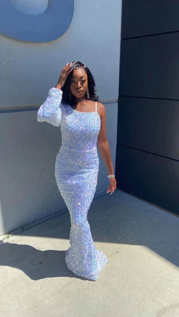 Light Blue Sequins One Sleeve Mermaid Long Prom Dresses,DP1402