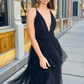 Black A-Line Deep V Neck Tulle Long Prom Dress,DP1403