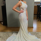 Ivory One Shoulder Sequins Mermaid Long Prom Dress with Slit,DP1404