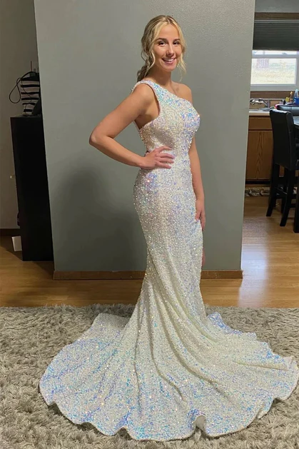 Ivory One Shoulder Sequins Mermaid Long Prom Dress with Slit,DP1404