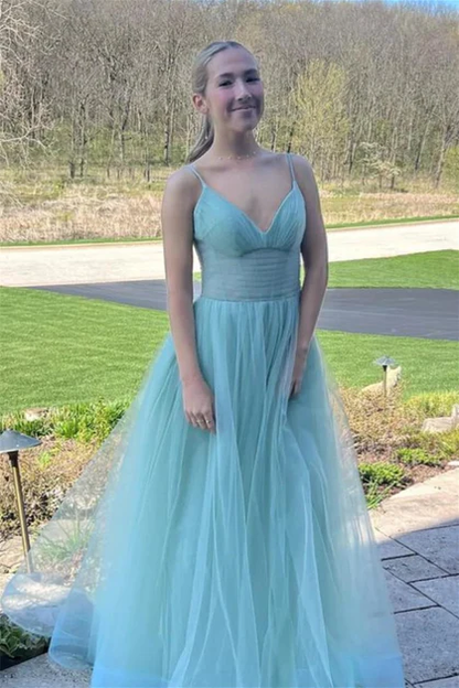 Simple A-Line V Neck Tulle Spaghetti Straps Long Prom Dress,DP1405