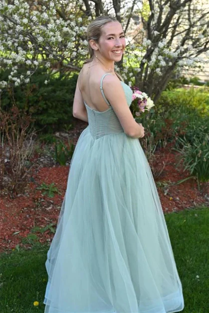 Simple A-Line V Neck Tulle Spaghetti Straps Long Prom Dress,DP1405