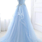 Blue Sweetheart A-Line Lace Tulle Long Prom Dress with Beading,DP1407