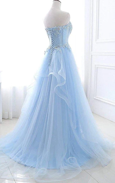 Blue Sweetheart A-Line Lace Tulle Long Prom Dress with Beading,DP1407