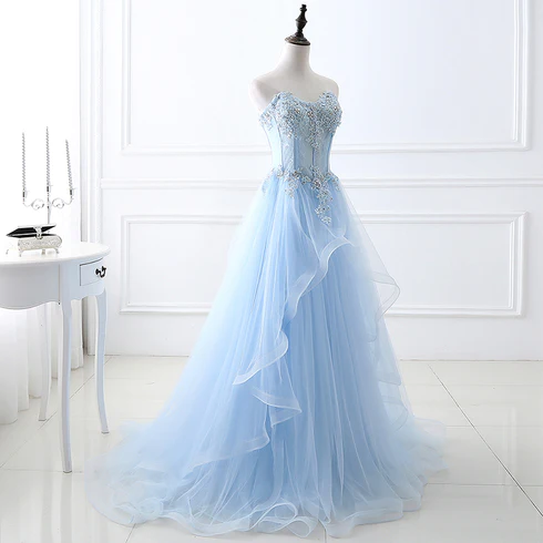 Blue Sweetheart A-Line Lace Tulle Long Prom Dress with Beading,DP1407