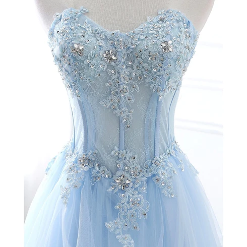 Blue Sweetheart A-Line Lace Tulle Long Prom Dress with Beading,DP1407