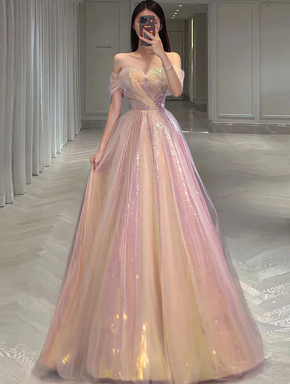 Sparkly Sweetheart A-Line Off Shoulder Long Prom Dress Formal Evening Dress,DP1409