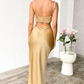 Champagne Gold Straps Satin Long Prom Dress with Slit,DP1410