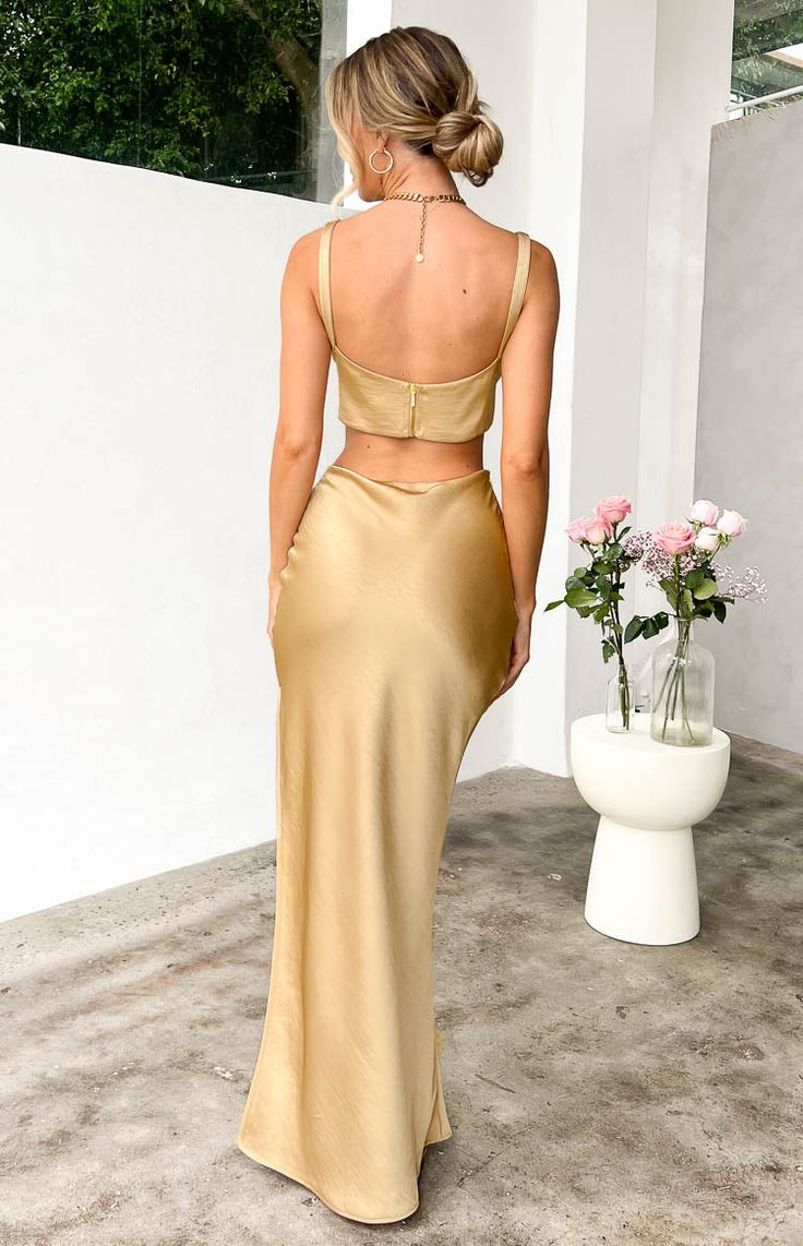 Champagne Gold Straps Satin Long Prom Dress with Slit,DP1410