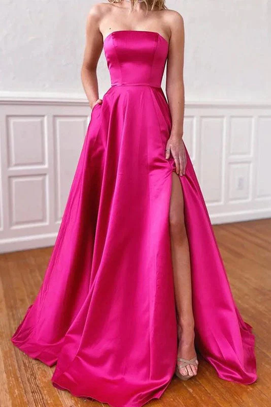 Hot Pink Princess A-Line Satin Strapless Long Prom Dress with Pockets,DP1414