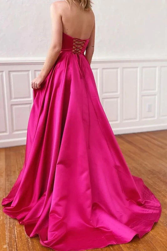 Hot Pink Princess A-Line Satin Strapless Long Prom Dress with Pockets,DP1414