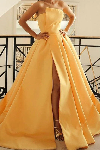 Yellow A-Line Satin Strapless Long Prom Dress With Slit,DP1415