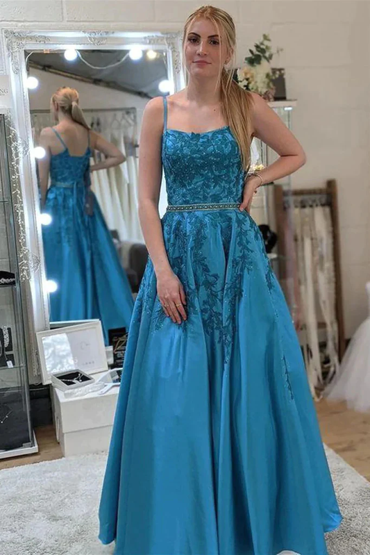 Blue A-Line Lace Appliques Long Prom Dress Formal Evening Dress,DP1416