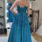 Blue A-Line Lace Appliques Long Prom Dress Formal Evening Dress,DP1416