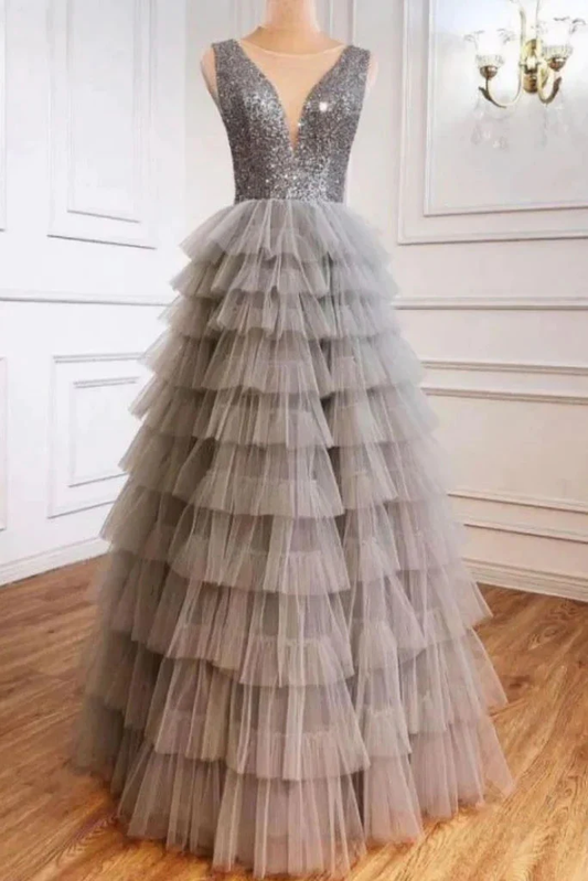 Gray A-Line Tulle Layered Sequins Long Prom Dress Evening Gown,DP1417