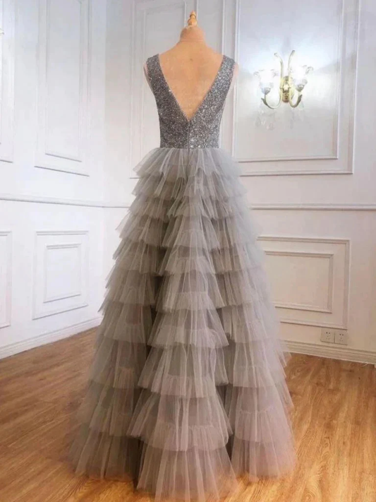 Gray A-Line Tulle Layered Sequins Long Prom Dress Evening Gown,DP1417