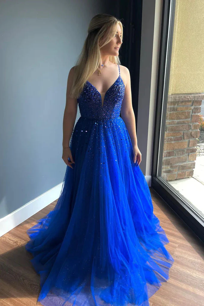 Royal Blue V Neck Beaded Long Prom Dress Formal Graduation Evening Dress,DP1418