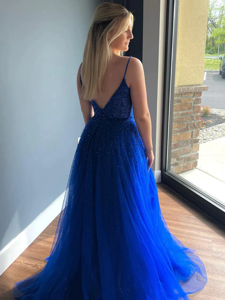 Royal Blue V Neck Beaded Long Prom Dress Formal Graduation Evening Dress,DP1418