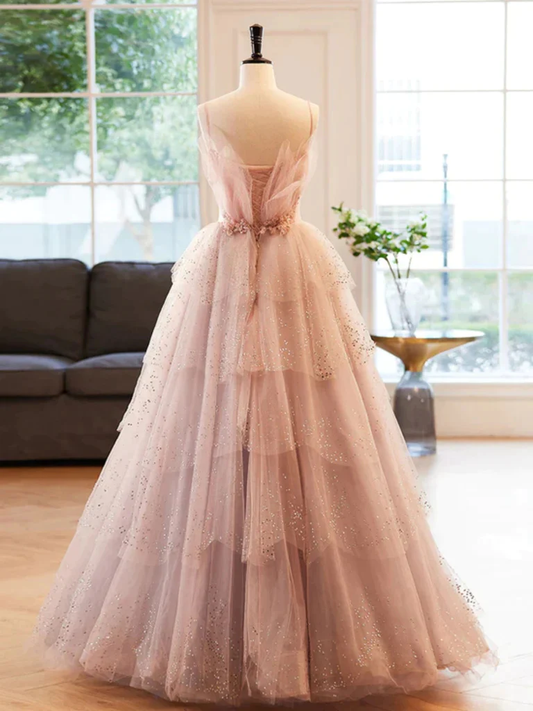 Gorgeous V Neck Beaded Tulle Layered Long Prom Dress Evening Gown,DP1419