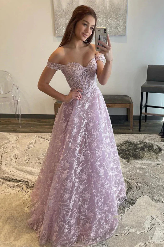 Lilac A-Line Off Shoulder Lace Long Prom Dress Formal Evening Dress,DP1421