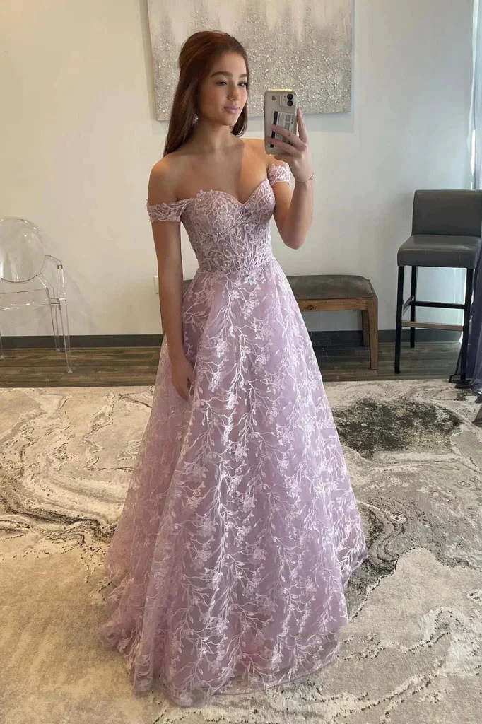 Lilac A-Line Off Shoulder Lace Long Prom Dress Formal Evening Dress,DP1421