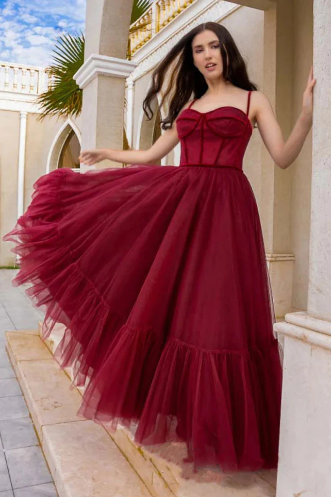 Burgundy Princess A-Line Tulle Long Prom Dress Formal Evening Dress,DP1422