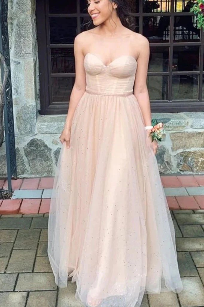 Champagne Sweetheart A-Line Strapless Tulle Long Prom Dress Formal Party Dress,DP1423