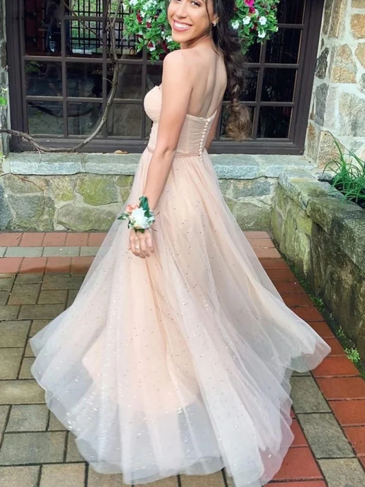 Champagne Sweetheart A-Line Strapless Tulle Long Prom Dress Formal Party Dress,DP1423