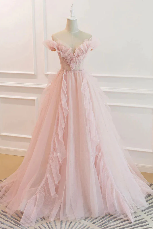 Pink Elegant Off The Shoulder A-Line Tulle Long Prom Dress,DP1424