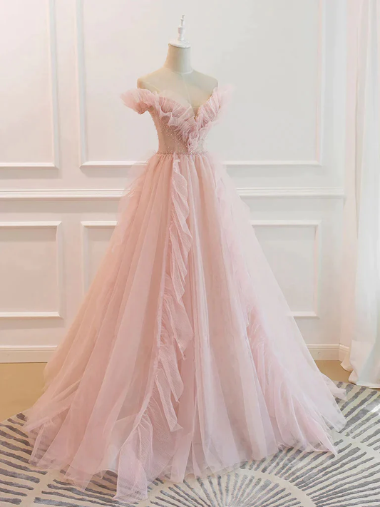 Pink Elegant Off The Shoulder A-Line Tulle Long Prom Dress,DP1424