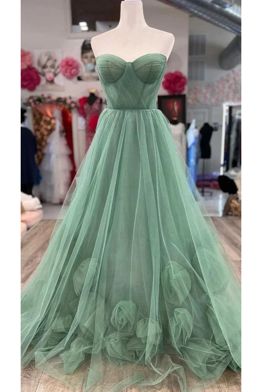 Green A-Line Sweetheart Tulle Flower Long Prom Dress Evening Gown,DP1425