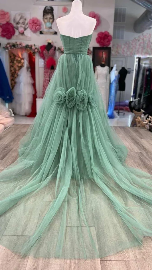 Green A-Line Sweetheart Tulle Flower Long Prom Dress Evening Gown,DP1425