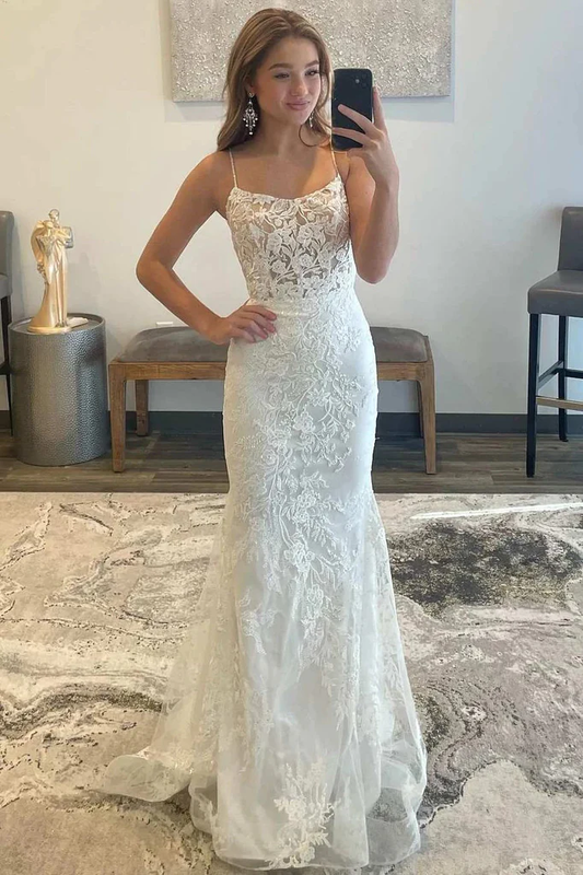 White Tulle Lace Appliques Mermaid Long Prom Dress Light Wedding Dress,DP1426