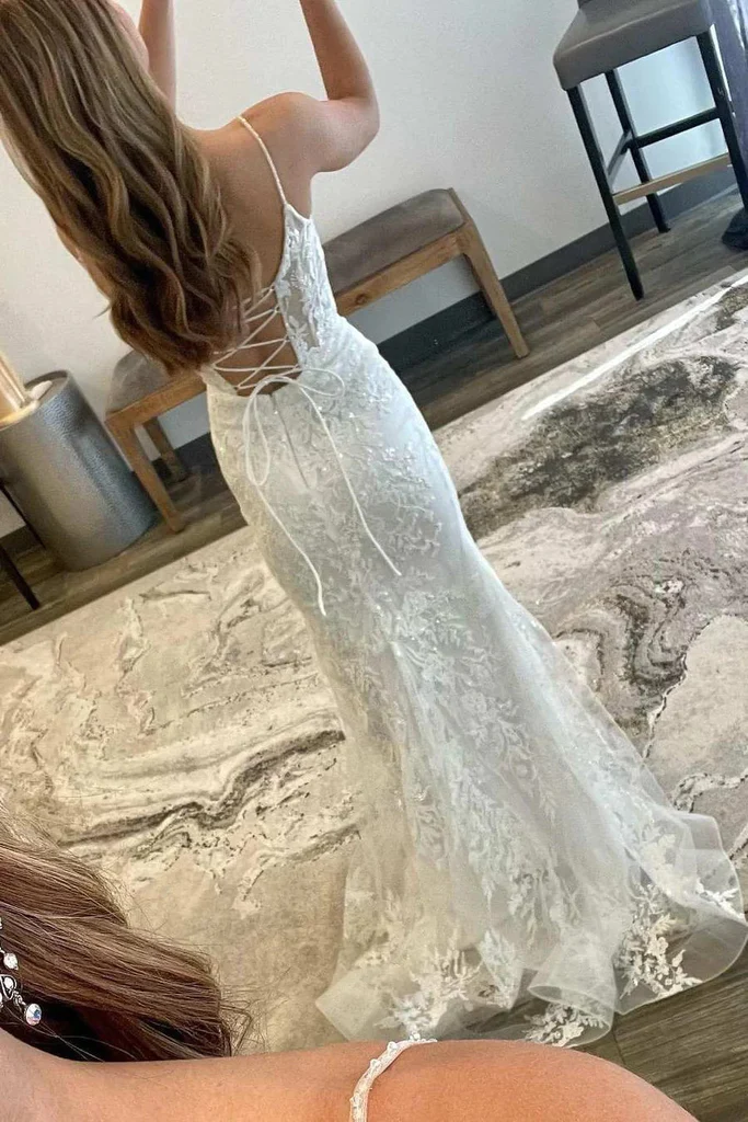 White Tulle Lace Appliques Mermaid Long Prom Dress Light Wedding Dress,DP1426