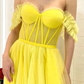 Yellow Off Shoulder A-Line Tulle Long Prom Dress Evening Dress,DP1427