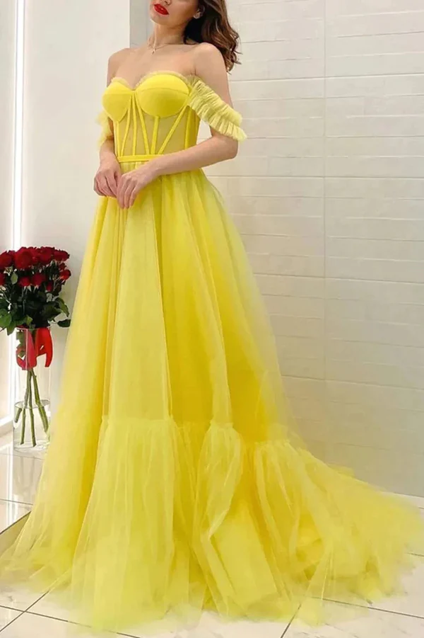 Yellow Off Shoulder A-Line Tulle Long Prom Dress Evening Dress,DP1427