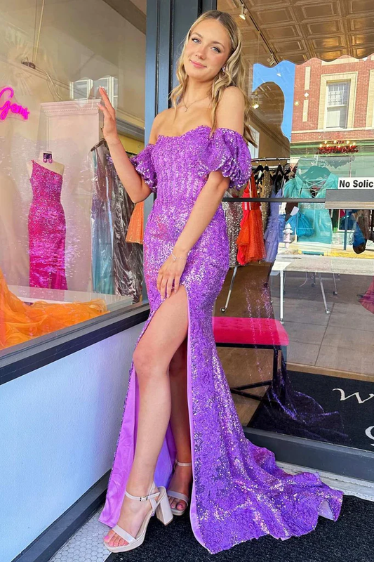 Purple Sequined Strapless Mermaid Long Prom Dress with Slit,DP1428