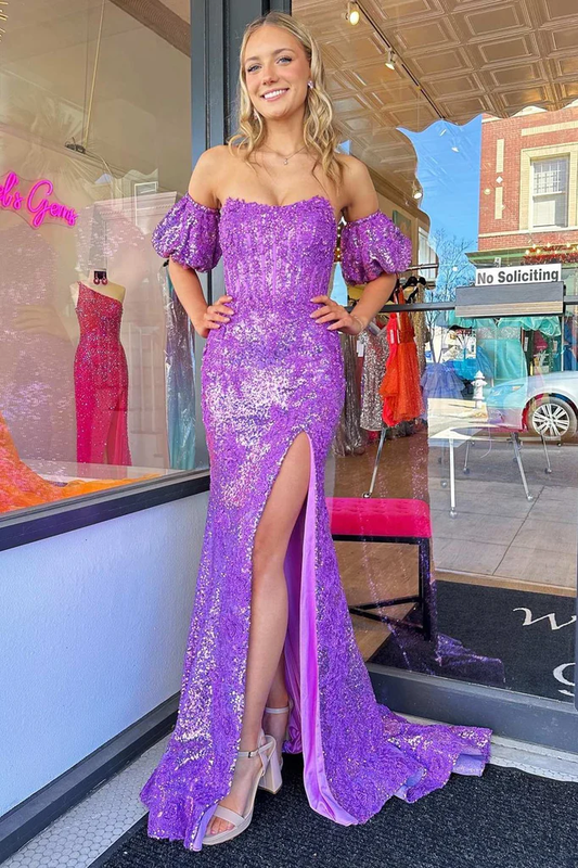 Purple Sequined Strapless Mermaid Long Prom Dress with Slit,DP1428