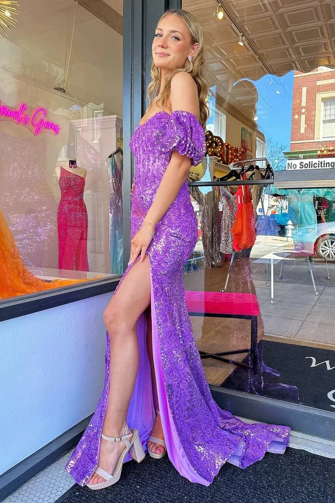 Purple Sequined Strapless Mermaid Long Prom Dress with Slit,DP1428